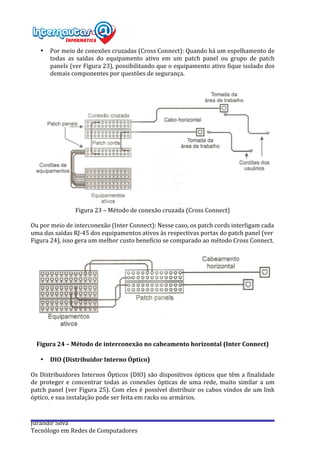  
Jurandir	
  Silva	
  
Tecnólogo	
  em	
  Redes	
  de	
  Computadores	
  
• Por	
  meio	
  de	
  conexões	
  cruzadas	
  (Cross	
  Connect):	
  Quando	
  há	
  um	
  espelhamento	
  de	
  
todas	
   as	
   saídas	
   do	
   equipamento	
   ativo	
   em	
   um	
   patch	
   panel	
   ou	
   grupo	
   de	
   patch	
  
panels	
  (ver	
  Figura	
  23),	
  possibilitando	
  que	
  o	
  equipamento	
  ativo	
  fique	
  isolado	
  dos	
  
demais	
  componentes	
  por	
  questões	
  de	
  segurança.	
  
	
  
	
  
Figura	
  23	
  –	
  Método	
  de	
  conexão	
  cruzada	
  (Cross	
  Connect)	
  
	
  
Ou	
  por	
  meio	
  de	
  interconexão	
  (Inter	
  Connect):	
  Nesse	
  caso,	
  os	
  patch	
  cords	
  interligam	
  cada	
  
uma	
  das	
  saídas	
  RJ-­‐45	
  dos	
  equipamentos	
  ativos	
  às	
  respectivas	
  portas	
  do	
  patch	
  panel	
  (ver	
  
Figura	
  24),	
  isso	
  gera	
  um	
  melhor	
  custo	
  benefício	
  se	
  comparado	
  ao	
  método	
  Cross	
  Connect.	
  
	
  
	
  
Figura	
  24	
  –	
  Método	
  de	
  interconexão	
  no	
  cabeamento	
  horizontal	
  (Inter	
  Connect)	
  
	
  
• DIO	
  (Distribuidor	
  Interno	
  Óptico)	
  
	
  
Os	
  Distribuidores	
  Internos	
  Ópticos	
  (DIO)	
  são	
  dispositivos	
  ópticos	
  que	
  têm	
  a	
  finalidade	
  
de	
  proteger	
  e	
  concentrar	
  todas	
  as	
  conexões	
  ópticas	
  de	
  uma	
  rede,	
  muito	
  similar	
  a	
  um	
  
patch	
  panel	
  (ver	
  Figura	
  25).	
  Com	
  eles	
  é	
  possível	
  distribuir	
  os	
  cabos	
  vindos	
  de	
  um	
  link	
  
óptico,	
  e	
  sua	
  instalação	
  pode	
  ser	
  feita	
  em	
  racks	
  ou	
  armários.	
  
	
  
 