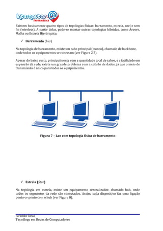  
Jurandir	
  Silva	
  
Tecnólogo	
  em	
  Redes	
  de	
  Computadores	
  
Existem	
  basicamente	
  quatro	
  tipos	
  de	
  topologias	
  físicas:	
  barramento,	
  estrela,	
  anel	
  e	
  sem	
  
fio	
  (wireless).	
  A	
  partir	
  delas,	
  pode-­‐se	
  montar	
  outras	
  topologias	
  híbridas,	
  como	
  Árvore,	
  
Malha	
  ou	
  Estrela	
  Hierárquica.	
  
	
  
ü Barramento	
  (bus)	
  
	
  
Na	
  topologia	
  de	
  barramento,	
  existe	
  um	
  cabo	
  principal	
  (tronco),	
  chamado	
  de	
  backbone,	
  
onde	
  todos	
  os	
  equipamentos	
  se	
  conectam	
  (ver	
  Figura	
  2.7).	
  
	
  
Apesar	
  do	
  baixo	
  custo,	
  principalmente	
  com	
  a	
  quantidade	
  total	
  de	
  cabos,	
  e	
  a	
  facilidade	
  em	
  
expansão	
  da	
  rede,	
  existe	
  um	
  grande	
  problema	
  com	
  a	
  colisão	
  de	
  dados,	
  já	
  que	
  o	
  meio	
  de	
  
transmissão	
  é	
  único	
  para	
  todos	
  os	
  equipamentos.	
  
	
  
	
  
	
  
	
  
	
  
	
  
	
  
Figura	
  7	
  –	
  Lan	
  com	
  topologia	
  física	
  de	
  barramento	
  
	
  
	
  
	
  
	
  
	
  
	
  
	
  
	
  
	
  
	
  
	
  
ü Estrela	
  (Star)	
  
	
  
Na	
   topologia	
   em	
   estrela,	
   existe	
   um	
   equipamento	
   centralizador,	
   chamado	
   hub,	
   onde	
  
todos	
   os	
   segmentos	
   da	
   rede	
   são	
   conectados.	
   Assim,	
   cada	
   dispositivo	
   faz	
   uma	
   ligação	
  
ponto-­‐a-­‐	
  ponto	
  com	
  o	
  hub	
  (ver	
  Figura	
  8).	
  
	
  
 