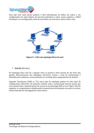  
Jurandir	
  Silva	
  
Tecnólogo	
  em	
  Redes	
  de	
  Computadores	
  
Esse	
   tipo	
   tem	
   como	
   ponto	
   positivo	
   a	
   fácil	
   identificação	
   de	
   falhas	
   em	
   cabos	
   e,	
   em	
  
configurações	
  de	
  anéis	
  duplos,	
  há	
  uma	
  boa	
  tolerância	
  a	
  cabos.	
  Como	
  negativo,	
  a	
  difícil	
  
instalação	
  e	
  a	
  reconfiguração,	
  além	
  de	
  uma	
  falha,	
  em	
  anel	
  único,	
  afetar	
  toda	
  a	
  rede.	
  
	
  
	
  
	
  
	
  
	
  
Figura	
  9	
  –	
  LAN	
  com	
  topologia	
  física	
  de	
  anel	
  
	
  
	
  
	
  
	
  
ü Sem	
  fio	
  (Wireless)	
  
	
  
Na	
   topologia	
   física	
   sem	
   fio,	
   a	
   ligação	
   entre	
   os	
   pontos	
   é	
   feita	
   através	
   de	
   um	
   meio	
   não	
  
guiado,	
   diferentemente	
   das	
   topologias	
   anteriores.	
   Assim,	
   o	
   sinal	
   de	
   comunicação	
   é	
  
difundido	
  pelo	
  ambiente,	
  assim	
  podendo	
  ser	
  recebido	
  pelos	
  equipamentos	
  de	
  destino.	
  
	
  
Segundo	
   Tanenbaum	
   (2003,	
   p.	
   73),	
   nesse	
   tipo	
   de	
   topologia	
   podem	
   ter	
   dois	
   tipos	
   de	
  
configurações	
  diferentes.	
  No	
  primeiro	
  modelo,	
  toda	
  a	
  comunicação	
  deveria	
  passar	
  por	
  
uma	
  estação-­‐base,	
  chamada	
  ponto	
  de	
  acesso	
  na	
  terminologia	
  802.11	
  (ver	
  Figura	
  10).	
  No	
  
segundo,	
  os	
  computadores	
  simplesmente	
  transmitiriam	
  diretamente	
  uns	
  para	
  os	
  outros,	
  
sendo	
  chamado	
  de	
  interligação	
  de	
  redes	
  ad	
  hoc.	
  
	
  
	
  
 