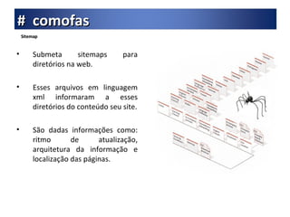Sitemap Submeta sitemaps para diretórios na web. Esses arquivos em linguagem xml informaram a esses diretórios do conteúdo seu site. São dadas informações como: ritmo de atualização, arquitetura da informação e localização das páginas. #  comofas 