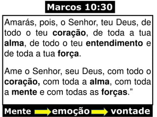Amarás, pois, o Senhor, teu Deus, de
todo o teu coração, de toda a tua
alma, de todo o teu entendimento e
de toda a tua força.
Ame o Senhor, seu Deus, com todo o
coração, com toda a alma, com toda
a mente e com todas as forças.”
Marcos 10:30
Mente emoção vontade
 