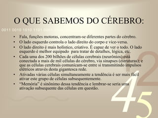 421
0011 0010 1010 1101 0001 0100 1011
O QUE SABEMOS DO CÉREBRO:
• Fala, funções motoras, concentram-se diferentes partes do cérebro.
• O lado esquerdo controla o lado direito do corpo e vice-versa.
• O lado direito é mais holístico, criativo. È capaz de ver o todo. O lado
esquerdo é melhor equipado para tratar de detalhes, lógica, etc.
• Cada uma dos 200 bilhões de células cerebrais (neurônios) está
conectada a mais de mil células do cérebro, via sinapses (estruturas); e
que as células cerebrais comunicam-se entre si transmitindo impulsos
elétricos através desta gigantesca rede.
• Ativadas várias células simultaneamente a tendência é ser mais fácil
ativar este grupo de células subsequentemente.
• “Memória” é sinônimo dessa tendência e lembrar-se seria uma
ativação subsequente das células em questão.
 