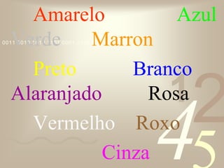 421
0011 0010 1010 1101 0001 0100 1011
Amarelo Azul
Verde Marron
Preto Branco
Alaranjado Rosa
Vermelho Roxo
Cinza
 