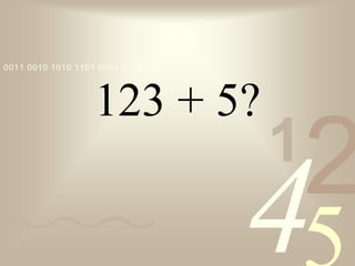 421
0011 0010 1010 1101 0001 0100 1011
123 + 5?
 