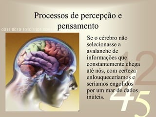 421
0011 0010 1010 1101 0001 0100 1011
Processos de percepção e
pensamento
Se o cérebro não
selecionasse a
avalanche de
informações que
constantemente chega
até nós, com certeza
enlouqueceríamos e
seríamos engolidos
por um mar de dados
inúteis.
 