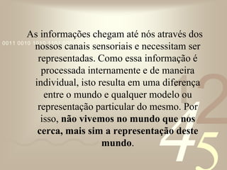421
0011 0010 1010 1101 0001 0100 1011
As informações chegam até nós através dos
nossos canais sensoriais e necessitam ser
representadas. Como essa informação é
processada internamente e de maneira
individual, isto resulta em uma diferença
entre o mundo e qualquer modelo ou
representação particular do mesmo. Por
isso, não vivemos no mundo que nos
cerca, mais sim a representação deste
mundo.
 