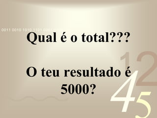 421
0011 0010 1010 1101 0001 0100 1011
Qual é o total???
O teu resultado é
5000?
 