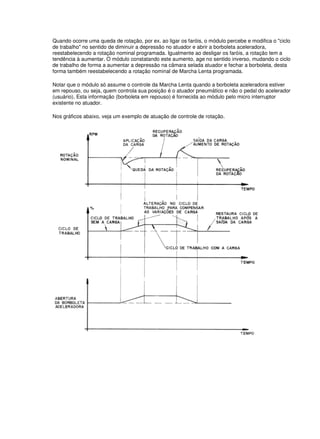 Quando ocorre uma queda de rotação, por ex. ao ligar os faróis, o módulo percebe e modifica o "ciclo
de trabalho" no sentido de diminuir a depressão no atuador e abrir a borboleta aceleradora,
reestabelecendo a rotação nominal programada. Igualmente ao desligar os faróis, a rotação tem a
tendência à aumentar. O módulo constatando este aumento, age no sentido inverso, mudando o ciclo
de trabalho de forma a aumentar a depressão na câmara selada atuador e fechar a borboleta, desta
forma também reestabelecendo a rotação nominal de Marcha Lenta programada.
Notar que o módulo só assume o controle da Marcha Lenta quando a borboleta aceleradora estiver
em repouso, ou seja, quem controla sua posição é o atuador pneumático e não o pedal do acelerador
(usuário). Esta informação (borboleta em repouso) é fornecida ao módulo pelo micro interruptor
existente no atuador.
Nos gráficos abaixo, veja um exemplo de atuação de controle de rotação.
 