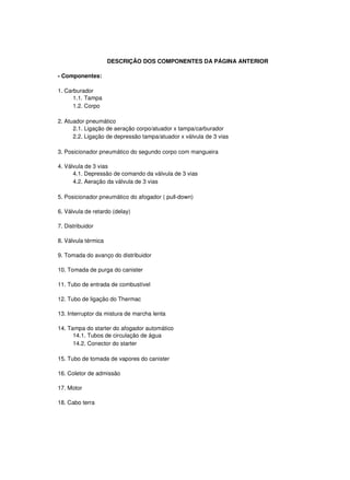 DESCRIÇÃO DOS COMPONENTES DA PÁGINA ANTERIOR
- Componentes:
1. Carburador
1.1. Tampa
1.2. Corpo
2. Atuador pneumático
2.1. Ligação de aeração corpo/atuador x tampa/carburador
2.2. Ligação de depressão tampa/atuador x válvula de 3 vias
3. Posicionador pneumático do segundo corpo com mangueira
4. Válvula de 3 vias
4.1. Depressão de comando da válvula de 3 vias
4.2. Aeração da válvula de 3 vias
5. Posicionador pneumático do afogador ( pull-down)
6. Válvula de retardo (delay)
7. Distribuidor
8. Válvula térmica
9. Tomada do avanço do distribuidor
10. Tomada de purga do canister
11. Tubo de entrada de combustível
12. Tubo de ligação do Thermac
13. Interruptor da mistura de marcha lenta
14. Tampa do starter do afogador automático
14.1. Tubos de circulação de água
14.2. Conector do starter
15. Tubo de tomada de vapores do canister
16. Coletor de admissão
17. Motor
18. Cabo terra
 