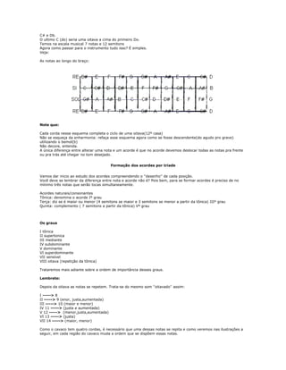 C# e Db.
O ultimo C (do) seria uma oitava a cima do primeiro Do.
Temos na escala musical 7 notas e 12 semitons
Agora como passar para o instrumento tudo isso? É simples.
Veja:
As notas ao longo do braço:
Note que:
Cada corda nesse esquema completa o ciclo de uma oitava(12º casa)
Não se esqueça da enharmonia: refaça esse esquema agora como se fosse descendente(do agudo pro grave)
utilizando o bemol(b)
Não decore, entenda.
A única diferença entre alterar uma nota e um acorde é que no acorde devemos deslocar todas as notas pra frente
ou pra trás até chegar no tom desejado.
Formação dos acordes por triade
Vamos dar inicio ao estudo dos acordes compreendendo o ''desenho'' de cada posição.
Você deve se lembrar da diferença entre nota e acorde não é? Pois bem, para se formar acordes é preciso de no
mínimo três notas que serão tocas simultaneamente.
Acordes naturais/consonantes
Tônica: denomina o acorde Iº grau
Terça: diz se é maior ou menor (4 semitons se maior e 3 semitons se menor a partir da tônica) IIIº grau
Quinta: complemento ( 7 semitons a partir da tônica) Vº grau
Os graus
I tônica
II supertonica
III mediante
IV subdominante
V dominante
VI superdominante
VII sensível
VIII oitava (repetição da tônica)
Trataremos mais adiante sobre a ordem de importância desses graus.
Lembrete:
Depois da oitava as notas se repetem. Trata-se do mesmo som ''oitavado'' assim:
I -----> 8
II -----> 9 (enor, justa,aumentada)
III -----> 10 (maior e menor)
IV 11 -----> (justa e aumentada)
V 12 -----> (menor,justa,aumentada)
VI 13 -----> (justa)
VII 14 -----> (maior, menor)
Como o cavaco tem quatro cordas, é necessário que uma dessas notas se repita e como veremos nas ilustrações a
seguir, em cada região do cavaco muda a ordem que se dispõem essas notas.
 