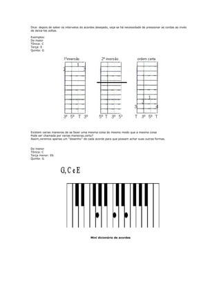 Dica: depois de saber os intervalos do acordes desejado, veja se há necessidade de pressionar as cordas ao invés
de deixa-las soltas.
Exemplos:
Do maior
Tônica: C
Terça: E
Quinta: G
Existem varias maneiras de se fazer uma mesma coisa do mesmo modo que a mesma coisa
Pode ser chamada por varias maneiras.certo?
Assim,veremos apenas um ''desenho'' de cada acorde para que possam achar suas outras formas.
Do menor
Tônica: C
Terça menor: Eb
Quinta: G
Mini dicionário de acordes
 