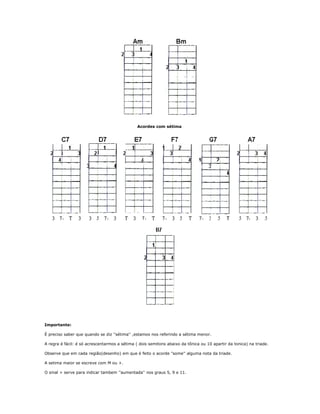 Acordes com sétima
Importante:
É preciso saber que quando se diz ''sétima'' ,estamos nos referindo a sétima menor.
A regra é fácil: é só acrescentarmos a sétima ( dois semitons abaixo da tônica ou 10 apartir da tonica) na triade.
Observe que em cada região(desenho) em que é feito o acorde "some'' alguma nota da triade.
A setima maior se escreve com M ou +.
O sinal + serve para indicar tambem ''aumentada'' nos graus 5, 9 e 11.
 