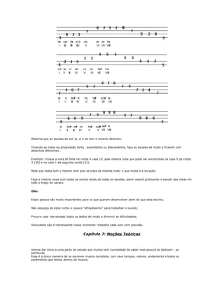 Observe que as escalas de sol, la, si e do tem o mesmo desenho;
Tocando as notas na progressão certa , ascendente ou descendente, faça as escalas de modo a ficarem com
desenhos diferentes .
Exemplo: troque a nota dó feita na corda 4 casa 10, pela mesma nota que pode ser encontrada na casa 5 da corda
3 (35) e na casa 1 da segunda corda (21).
Note que todas tem o mesmo som pois se trata da mesma nota; o que muda é a duração.
Faça a mesma coisa com todas as outras notas de todas as escalas, assim estará praticando o estudo das notas em
todo o braço do cavaco.
Obs:
Esses passos são muito importantes para os que querem desenvolver alem do que esta escrito;
Não esqueça de estar como o cavaco "afinadíssimo'' para trabalhar o ouvido;
Procure usar nas escalas todos os dedos de modo a diminuir as dificuldades;
Velocidade não é interessante nesse momento: trabalhe cada som com precisão.
Capítulo 7: Noções Teóricas
Vamos dar inicio a uma parte do estudo que muitos tem curiosidade de saber mas poucos se dedicam : as
partituras.
Essa é a única maneira de se escrever musica completa, com seus tempos, valores ,andamento e todos os
parâmetros que temos dentro da musica.
 