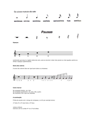 Espaços:
Lembrando que essa é a região media dos sons; para se escrever notas mais graves ou mais agudas usamos as
linhas e espaços suplementares.
Soma dos valores
A soma dos valores deve ser igual para todos os compassos
Como marcar
No compasso binário: um, dois
No compasso quartenario: um, dois, três, quatro
No momento é só o que nos interessa
A acentuação
É feita de acordo com o tempo do compasso; no 4/4 por exemplo temos:
1º forte 2º e 3º meio forte e 4º fraco
vamos a leitura:
exercício com as cordas 4º re e 3º sol soltas:
 