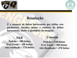 Resolução
É o número de linhas horizontais que define este
parâmetro. Quanto maior o número de linhas
horizontais, maior a qualidade da imagem.
P&B
Padrão = 380 linhas
Ever Focus = 420 linhas
Alta resolução = 570 linhas
Colorida
Padrão = 330 linhas
Ever Focus = 380 linhas
Alta Resolução = 470 linhas
 