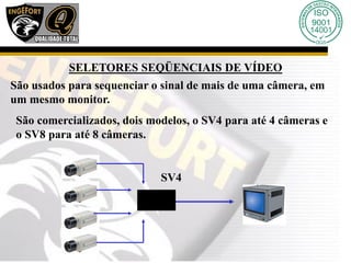SELETORES SEQÜENCIAIS DE VÍDEO
São usados para sequenciar o sinal de mais de uma câmera, em
um mesmo monitor.
São comercializados, dois modelos, o SV4 para até 4 câmeras e
o SV8 para até 8 câmeras.
SV4
 