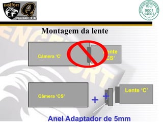 Montagem da lente
Câmera ‘C’
Lente
‘CS’
Câmera ‘CS’
+
Anel Adaptador de 5mm
Lente ‘C’
+
 