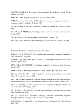 MACÊDO, Ivanildo I. et al: Aspectos Comportamentais da Gestão de Pessoas; Rio de
Janeiro: FGV, 2005.
MORGAN, Garret: Imagens da organização. São Paulo: Atlas, 1996.
WIND, Yoram et al: A Força dos Modelos Mentais – transforme o negócio da sua vida e a
vida do seu negócio; São Paulo: Bookman, 2005.
SANTOS, Antônio R. dos: Ética – caminhos da realização humana; São Paulo: Ave Maria,
1997.
WELCH, Jack & WELCH, Susy: Paixão por Vencer – a biblia do sucesso: Rio de Janeiro:
Campus, 2005.
STONE, Douglas. et al: Conversas difíceis: Rio de janeiro: Campus, 1999.
TEIXEIRA, Gilnei Mourão et al: Gestão Estratégica de Pessoas: Rio de Janeiro: FGV, 2005.
Pensamento Estratégico / Estratégia / Execução da estratégia
BARNEY, J.B. & HESTERLY, W.S.: Administração estratégica e vantagem competitiva:
São Paulo: prentice Hall, 2008.
BOSSIDY, Larry & CHARAN, Ram: Execução – a disciplina para atingir resultados; Rio de
Janeiro: Campus, 2004.
BROW, S.L. & EISENHARDT, K.: Estratégia competitiva no limiar do caos; São Paulo:
Cultrix, 1998.
BULGACOV et al: Administração estratégica – teoria e prática; São Paulo: Atlas, 2007.
CHARAN, Ram: Know How – as 8 competências que separam os que fazem dos que não
fazem; Rio de Janeiro: Campus, 2007.
CHARAN, Ram: Governança corporativa que produz resultados – como integrar conselhos de
admininstração e diretorias para gerar vantagem competitiva; Rio de Janeiro: Campus, 2005.
CHARAN, Ram: O que o cliente quer que você saiba – um guia inovador para aumentar suas
vendas; Rio de Janeiro: Campus, 2008.
DAVILA, Tony et al.: As regras da inovação – como gerenciar, como medir e como lucrar;
São Paulo: Bookman, 2006.
GHYCZY, Tiha von et al: Clausewitz e a Estratégia – conceitos e ensinamentos do general
estrategista aplicados aos negócios; Rio de Janeiro: Campus, 2002.
HALL, Richard H.: Organizações – estruturas, processos e resultados: São Paulo: Prentice
Hall, 2004.
 