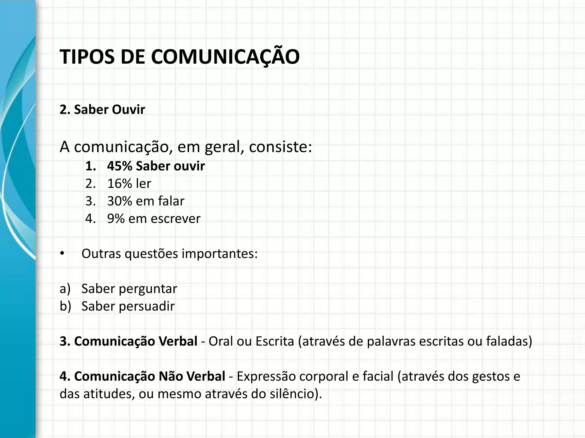 TIPOS DE COMUNICAÇÃO
2. Saber Ouvir
A comunicação, em geral, consiste:
1. 45% Saber ouvir
2. 16% ler
3. 30% em falar
4. 9% em escrever
• Outras questões importantes:
a) Saber perguntar
b) Saber persuadir
3. Comunicação Verbal - Oral ou Escrita (através de palavras escritas ou faladas)
4. Comunicação Não Verbal - Expressão corporal e facial (através dos gestos e
das atitudes, ou mesmo através do silêncio).
 