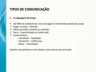 TIPOS DE COMUNICAÇÃO
1. A Linguagem do Corpo
 Até 90% do conteúdo de uma mensagem é transmitido através do corpo.
 Rugas na testa – atenção.
 Olhos permitem contato ou controle.
 Nariz – Superioridade ou Submissão.
 Canto da boca
- Levantado – Satisfação
- Horizontal – Indiferença
- Baixo – Insatisfação
Quanto mais próximo e mais aberto, mais chances de persuadir.
 