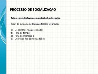 PROCESSO DE SOCIALIZAÇÃO
Fatores que desfavorecem ao trabalho de equipe:
Além da ausência de todos os fatores favoráveis:
a) Os conflitos não gerenciados
b) Falta de tempo
c) Falta de interesse o
d) Objetivos não comuns a todos.
 