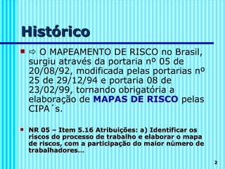 Histórico
    O MAPEAMENTO DE RISCO no Brasil,
    surgiu através da portaria nº 05 de
    20/08/92, modificada pelas portarias nº
    25 de 29/12/94 e portaria 08 de
    23/02/99, tornando obrigatória a
    elaboração de MAPAS DE RISCO pelas
    CIPA´s.

   NR 05 – Item 5.16 Atribuições: a) Identificar os
    riscos do processo de trabalho e elaborar o mapa
    de riscos, com a participação do maior número de
    trabalhadores…
                                                       2
 