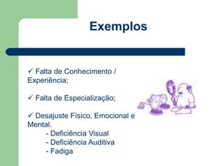 Exemplos 
 Falta de Conhecimento / 
Experiência; 
 Falta de Especialização; 
 Desajuste Físico, Emocional e 
Mental. 
- Deficiência Visual 
- Deficiência Auditiva 
- Fadiga 
 