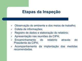 Etapas da Inspeção 
 Observação do ambiente e dos meios de trabalho; 
 Coleta de informações; 
 Registro de dados e elaboração do relatório; 
 Apresentação nas reuniões da CIPA; 
 Encaminhamento do relatório através do 
Presidente da CIPA; 
 Acompanhamento da implantação das medidas 
recomendadas. 
 