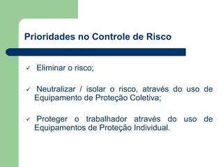 Prioridades no Controle de Risco 
 Eliminar o risco; 
 Neutralizar / isolar o risco, através do uso de 
Equipamento de Proteção Coletiva; 
 Proteger o trabalhador através do uso de 
Equipamentos de Proteção Individual. 
 