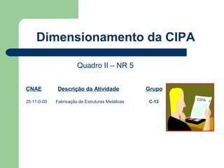Dimensionamento da CIPA

                       Quadro II – NR 5


CNAE          Descrição da Atividade              Grupo
                                                          CIPA
25.11-0-00   Fabricação de Estruturas Metálicas   C-13
 