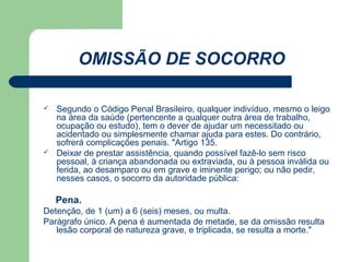 OMISSÃO DE SOCORRO

   Segundo o Código Penal Brasileiro, qualquer indivíduo, mesmo o leigo
    na área da saúde (pertencente a qualquer outra área de trabalho,
    ocupação ou estudo), tem o dever de ajudar um necessitado ou
    acidentado ou simplesmente chamar ajuda para estes. Do contrário,
    sofrerá complicações penais. "Artigo 135.
   Deixar de prestar assistência, quando possível fazê-lo sem risco
    pessoal, à criança abandonada ou extraviada, ou à pessoa inválida ou
    ferida, ao desamparo ou em grave e iminente perigo; ou não pedir,
    nesses casos, o socorro da autoridade pública:

    Pena.
Detenção, de 1 (um) a 6 (seis) meses, ou multa.
Parágrafo único. A pena é aumentada de metade, se da omissão resulta
   lesão corporal de natureza grave, e triplicada, se resulta a morte."
 