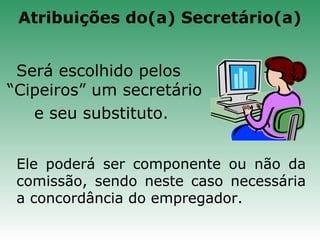 Será escolhido pelos
“Cipeiros” um secretário
e seu substituto.
Ele poderá ser componente ou não da
comissão, sendo neste caso necessária
a concordância do empregador.
Atribuições do(a) Secretário(a)
 