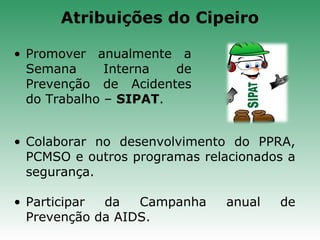 • Colaborar no desenvolvimento do PPRA,
PCMSO e outros programas relacionados a
segurança.
• Participar da Campanha anual de
Prevenção da AIDS.
• Promover anualmente a
Semana Interna de
Prevenção de Acidentes
do Trabalho – SIPAT.
Atribuições do Cipeiro
 