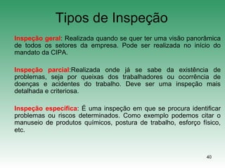 40
Tipos de Inspeção
Inspeção geral: Realizada quando se quer ter uma visão panorâmica
de todos os setores da empresa. Pode ser realizada no início do
mandato da CIPA.
Inspeção parcial:Realizada onde já se sabe da existência de
problemas, seja por queixas dos trabalhadores ou ocorrência de
doenças e acidentes do trabalho. Deve ser uma inspeção mais
detalhada e criteriosa.
Inspeção específica: É uma inspeção em que se procura identificar
problemas ou riscos determinados. Como exemplo podemos citar o
manuseio de produtos químicos, postura de trabalho, esforço físico,
etc.
 