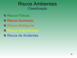 46
Riscos Ambientais
Classificação
Riscos Físicos:
Riscos Químicos:
Riscos Biológicos:
Riscos Ergonômicos:
Riscos de Acidentes
 