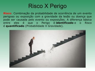 Risco X Perigo
Risco: Combinação da probabilidade de ocorrência de um evento
perigoso ou exposição com a gravidade da lesão ou doença que
pode ser causada pelo evento ou exposições. A diferença básica
entre eles é que o Perigo é identificado e o Risco
é quantificado (Probabilidade X Gravidade).
 