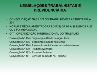 LEGISLAÇÕES TRABALHISTAS E
PREVIDENCIÁRIA
• CONSOLIDAÇÃO DAS LEIS DO TRABALHO-CLT ARTIGOS 154 A
201
• NORMAS REGULAMENTADORAS (NR’S) DA 01 A 36 MENOS A 27
QUE FOI REVOGADA.
• OIT - ORGANIZAÇÃO INTERNACIONAL DO TRABALHO
Convenção Nº 184 - Segurança e Saúde na Agricultura
Convenção Nº 176 - Segurança e Saúde nas Minas
Convenção Nº 174 - Prevenção de Acidentes Industriais Maiores
Convenção Nº 170 - Produtos Químicos
Convenção Nº 162 - Asbesto / Amianto
Convenção Nº 161 - Serviços de Saúde no Trabalho
 