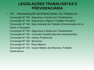 LEGISLAÇÕES TRABALHISTAS E
PREVIDENCIÁRIA
• OIT - ORGANIZAÇÃO INTERNACIONAL DO TRABALHO
Convenção Nº 155 - Segurança e Saúde dos Trabalhadores
Convenção Nº 152 - Segurança e Higiene (Trabalho Portuário)
Convenção Nº 148 - Meio Ambiente de Trabalho (Contaminação do Ar,
Ruído e Vibrações)
Convenção Nº 155 - Segurança e Saúde dos Trabalhadores
Convenção Nº 144 – Consulta Tripartite (Normas Internacionais)
Convenção Nº 139 - Câncer Profissional
Convenção Nº 136 - Benzenos
Convenção Nº 127 - Peso Máximo
Convenção Nº 124 - Exame Médico dos Menores (Trabalho
Subterrâneo)
 