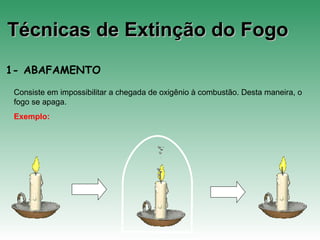 Técnicas de Extinção do FogoTécnicas de Extinção do Fogo
1- ABAFAMENTO
Consiste em impossibilitar a chegada de oxigênio à combustão. Desta maneira, o
fogo se apaga.
Exemplo:
 