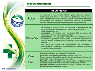 RISCO FÍSICORISCO FÍSICO
Ruído
As máquinas e equipamentos utilizados pelas empresas produzem
ruídos que podem atingir níveis excessivos, podendo a curto, médio e
longo prazo provocar sérios prejuízos à saúde. Dependendo do tempo
de exposição, nível sonoro e da sensibilidade individual, as alterações
danosas poderão manifestar-se imediatamente ou gradualmente.
RISCOS AMBIENTAISRISCOS AMBIENTAIS
Vibrações
Na indústria é comum o uso de máquinas e equipamentos que
produzem vibrações, as quais podem ser nocivas ao trabalhador.
As vibrações podem ser:
Localizadas - (em certas partes do corpo). São provocadas por
ferramentas manuais, elétricas e pneumáticas.
Generalizadas - (ou do corpo inteiro). As lesões ocorrem com os
operadores de grandes máquinas, como os motoristas de caminhões,
ônibus e tratores. Conseqüências: Lesões na coluna vertebral; dores
lombares.
Para evitar ou diminuir as conseqüências das vibrações é
recomendado o revezamento dos trabalhadores expostos aos riscos
(menor tempo de exposição).
Calor
Atividades realizadas em temperaturas extremas.
Como o forneiro (calor) e trabalhos em câmaras frias (frio).
Para o controle das ações nocivas das temperaturas extremas ao
trabalhador é necessário que se tome medidas:
Proteção coletiva: ventilação local exaustora com a função de retirar o
calor e gases dos ambientes, isolamento das fontes de calor/frio.
proteção individual: fornecimento de EPI (ex: avental, bota, capuz,
luvas especiais para trabalhar no frio).
Frio
 