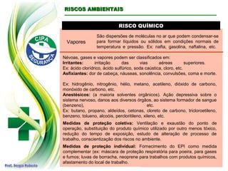 RISCO QUÍMICORISCO QUÍMICO
RISCOS AMBIENTAISRISCOS AMBIENTAIS
Vapores
São dispersões de moléculas no ar que podem condensar-se
para formar líquidos ou sólidos em condições normais de
temperatura e pressão. Ex: nafta, gasolina, naftalina, etc.
Névoas, gases e vapores podem ser classificados em:
Irritantes: irritação das vias aéreas superiores.
Ex: ácido clorídrico, ácido sulfúrico, soda caústica, cloro, etc.
Asfixiantes: dor de cabeça, náuseas, sonolência, convulsões, coma e morte.
Ex: hidrogênio, nitrogênio, hélio, metano, acetileno, dióxido de carbono,
monóxido de carbono, etc.
Anestésicos: (a maioria solventes orgânicos). Ação depressiva sobre o
sistema nervoso, danos aos diversos órgãos, ao sistema formador de sangue
(benzeno), etc.
Ex: butano, propano, aldeídos, cetonas, cloreto de carbono, tricloroetileno,
benzeno, tolueno, alcoóis, percloritileno, xileno, etc.
Medidas de proteção coletiva: Ventilação e exaustão do ponto de
operação, substituição do produto químico utilizado por outro menos tóxico,
redução do tempo de exposição, estudo de alteração de processo de
trabalho, conscientização dos riscos no ambiente.
Medidas de proteção individual: Fornecimento do EPI como medida
complementar (ex: máscara de proteção respiratória para poeira, para gases
e fumos; luvas de borracha, neoprene para trabalhos com produtos químicos,
afastamento do local de trabalho.
 