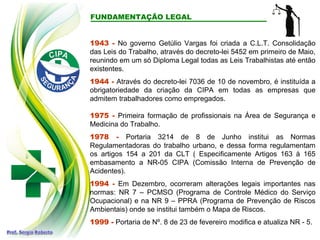 FUNDAMENTAÇÃO LEGAL
1943 - No governo Getúlio Vargas foi criada a C.L.T. Consolidação
das Leis do Trabalho, através do decreto-lei 5452 em primeiro de Maio,
reunindo em um só Diploma Legal todas as Leis Trabalhistas até então
existentes.
1944 - Através do decreto-lei 7036 de 10 de novembro, é instituída a
obrigatoriedade da criação da CIPA em todas as empresas que
admitem trabalhadores como empregados.
1975 - Primeira formação de profissionais na Área de Segurança e
Medicina do Trabalho.
1978 - Portaria 3214 de 8 de Junho institui as Normas
Regulamentadoras do trabalho urbano, e dessa forma regulamentam
os artigos 154 a 201 da CLT ( Especificamente Artigos 163 à 165
embasamento a NR-05 CIPA (Comissão Interna de Prevenção de
Acidentes).
1994 - Em Dezembro, ocorreram alterações legais importantes nas
normas: NR 7 – PCMSO (Programa de Controle Médico do Serviço
Ocupacional) e na NR 9 – PPRA (Programa de Prevenção de Riscos
Ambientais) onde se institui também o Mapa de Riscos.
1999 - Portaria de Nº. 8 de 23 de fevereiro modifica e atualiza NR - 5.
 