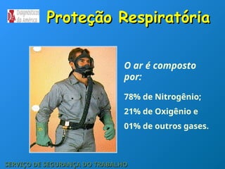 Proteção Respiratória
Proteção Respiratória
O ar é composto
por:
78% de Nitrogênio;
21% de Oxigênio e
01% de outros gases.
SERVIÇO DE SEGURANÇA DO TRABALHO
SERVIÇO DE SEGURANÇA DO TRABALHO
 