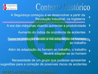 SERVIÇO DE SEGURANÇA DO TRABALHO
SERVIÇO DE SEGURANÇA DO TRABALHO
Baixa na produção devido a má adaptação do homem
ao trabalho
Aumento do índice de ocorrência de acidentes
A era das máquinas visando aumentar a produtividade
A Segurança começou a se desenvolver a partir da
Revolução Industrial, na Inglaterra
Além da adaptação do homem ao trabalho, o trabalho
deverá adaptar-se ao homem
Necessidade de um grupo que pudesse apresentar
sugestões para a correção de possíveis riscos de acidentes
 