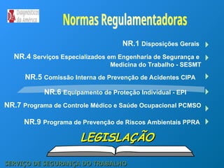 NR.6 Equipamento de Proteção Individual - EPI
NR.1 Disposições Gerais
NR.4 Serviços Especializados em Engenharia de Segurança e
Medicina do Trabalho - SESMT
NR.5 Comissão Interna de Prevenção de Acidentes CIPA
NR.7 Programa de Controle Médico e Saúde Ocupacional PCMSO
NR.9 Programa de Prevenção de Riscos Ambientais PPRA
LEGISLAÇÃO
LEGISLAÇÃO
SERVIÇO DE SEGURANÇA DO TRABALHO
SERVIÇO DE SEGURANÇA DO TRABALHO
 