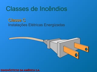 DIAGNÓSTICOS DA AMÉRICA S.A.
DIAGNÓSTICOS DA AMÉRICA S.A.
Classes de Incêndios
Classe C
Classe C
Instalações Elétricas Energizadas
 