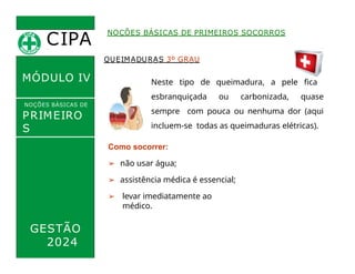 CIPA
.
MÓDULO IV
QUEIMADURAS 3º GRAU
Neste tipo de queimadura, a pele fica
esbranquiçada ou carbonizada, quase
sempre com pouca ou nenhuma dor (aqui
incluem-se todas as queimaduras elétricas).
NOÇÕES BÁSICAS DE PRIMEIROS SOCORROS
NOÇÕES BÁSICAS DE
PRIMEIRO
S
SOCORROS
GESTÃO
2024
Como socorrer:
➢ não usar água;
➢ assistência médica é essencial;
➢ levar imediatamente ao
médico.
 