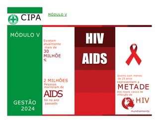 CIPA
.
MÓDULO V
MÓDULO V
Existem
atualmente
mais de
30
MILHÕE
S
De pessoas
vivendo com HIV
GESTÃO
2024
2 MILHÕES
Pessoas
morreram de
AIDS
Só no ano
passado
Jovens com menos
de 25 anos
representam a
METADE
dos novos casos de
infecção de
HIV
mundialmente
 