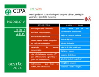 CIPA
.
MÓDULO V
HIV /
AIDS
ASSIM PEGA
sexo vaginal sem camisinha;
sexo anal sem camisinha;
sexo oral sem camisinha;
uso da mesma seringa ou agulha
por mais de uma pessoa;
transfusão de sangue
contaminado;
mãe infectada pode passar o HIV
para o filho durante a gravidez, o
parto e a amamentação;
Instrumentos que furam ou
cortam, não esterilizados.
ASSIM NÃO PEGA
sexo, desde que se use
corretamente a camisinha;
beijo no rosto ou na boca;
suor e lágrima;
picada de inseto;
aperto de mão ou abraço;
talheres / copos;
assento de ônibus;
piscina, banheiros, pelo ar;
doação de sangue;
sabonete / toalha / lençóis.
O HIV pode ser transmitido pelo sangue, sêmen, secreção
vaginal e pelo leite materno.
HIV / AIDS
GESTÃO
2024
 
