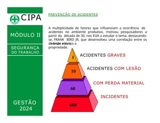 CIPA
.
MÓDULO II
SEGURANÇA
DO TRABALHO
PREVENÇÃO DE ACIDENTES
A multiplicidade de fatores que influenciam a ocorrência de
acidentes no ambiente produtivo, motivou pesquisadores a
partir da década de 30, nos EUA a estudar o tema, destacando-
se, FRANK BIRD JR, que desenvolveu uma correlação entre os
diversos níveis
de lesão e danos a
propriedade.
ACIDENTES GRAVES
1
GESTÃO
ACIDENTES COM LESÃO
2024
10
COM PERDA MATERIAL
60
INCIDENTES
600
 